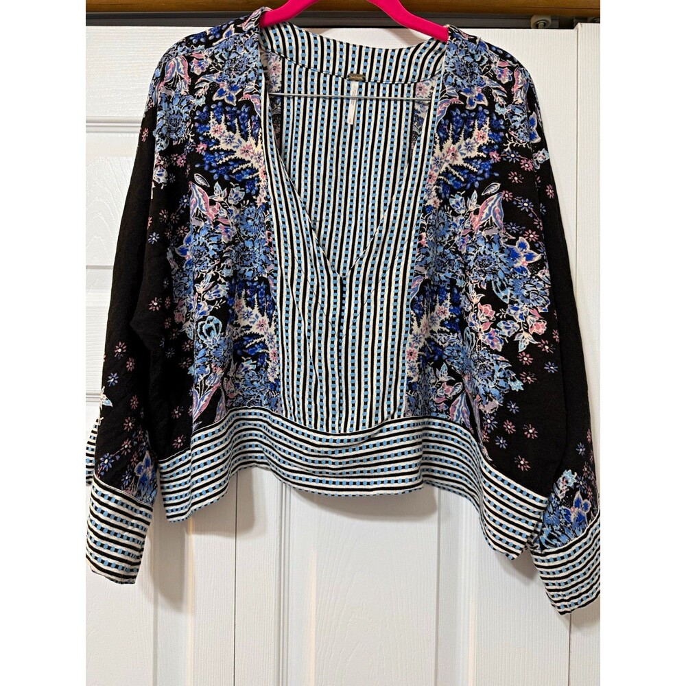 Free People Floral Stripe V-Neck Raglan Long Sleeve Viscose Blouse S